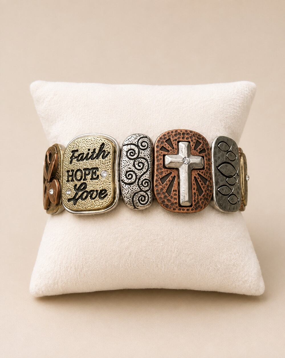 3 tone metal Symbols Of Faith stretch bracelet